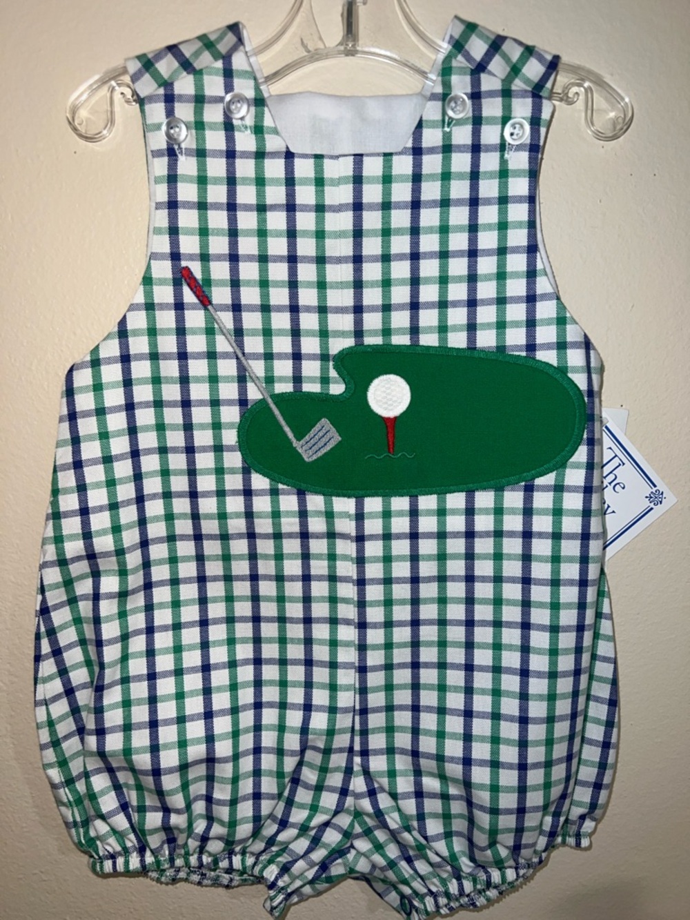 NWT Bailey Boys Green Plaid Golf Applique Baby Romper